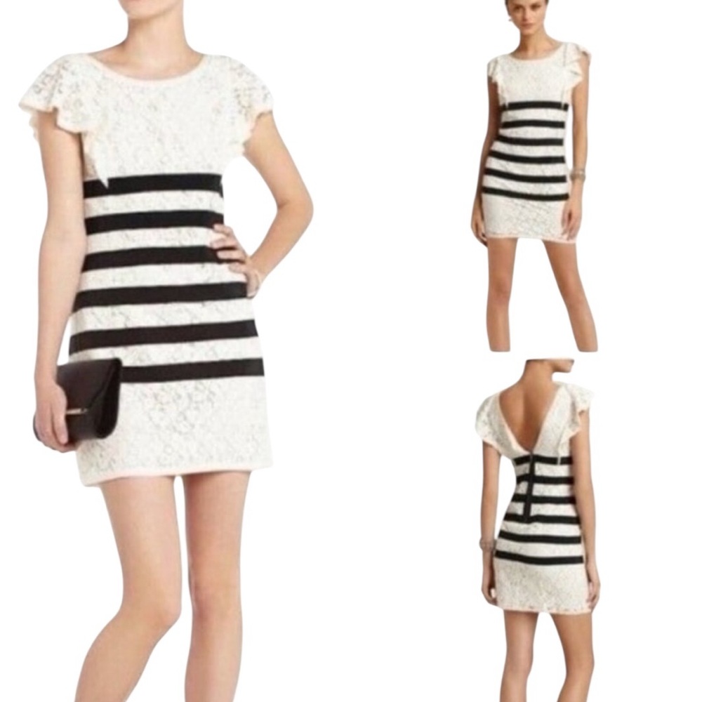 BCBG Renata Lace Dress Sz 2 Cream Off-White with Black Stripe Accents